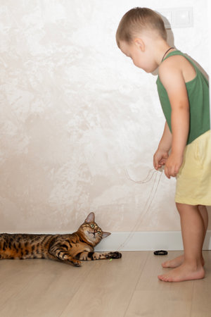 A little boy of 4 years old has fun playing with a red, leopard bengal cat on the floor in a home interior.の写真素材