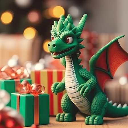 Chinese New Year. Symbol of 2024. Green dragon on the background of a Christmas tree with Christmas gifts.の素材