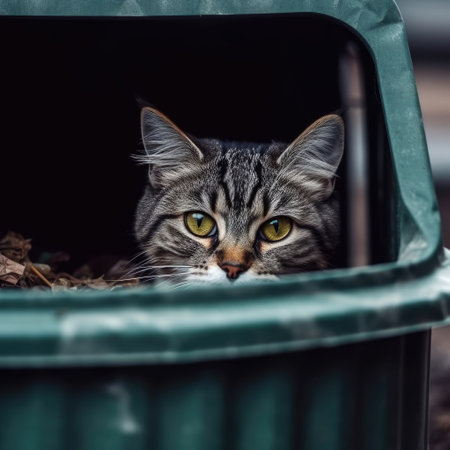 A street, homeless and hungry gray cat sits in a trash can. Conceptの素材