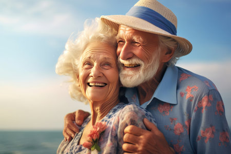 People. Happy couple, a man and an aged woman, laughing and hugging on the ocean or seashore. Close-up.の素材