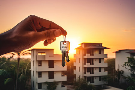 Real estate concept. A mans hand holds the keys to a new apartment or house. Against the background of the building. Close-up. Blurred background.の素材