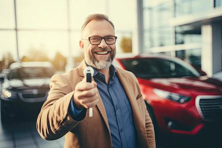 Concept transport. Close-up of a happy man holding the keys to a new car in his hand.の素材
