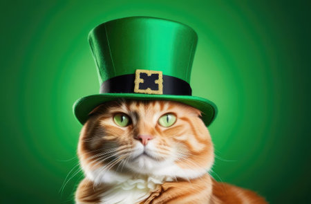 St.Patrick s Day. A beautiful and important red cat in a green top hat on a green background. Concept. Copy space.の素材
