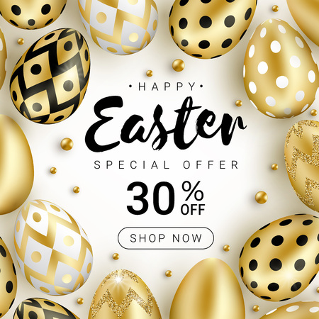 Happy Easter sale banner concept decorated with realistic shine golden eggs and  gold beads isolated on white background. Vector illustration for greeting card, ad, promotion, poster, flyer, web-banneのイラスト素材