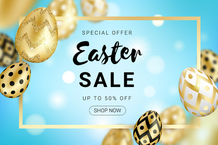 Easter sale banner concept decorated with realistic shine golden eggs, gold frame on blue gradient bokeh background. Vector illustration for greeting card, ad, promotion, poster, flyer, web-bannerのイラスト素材