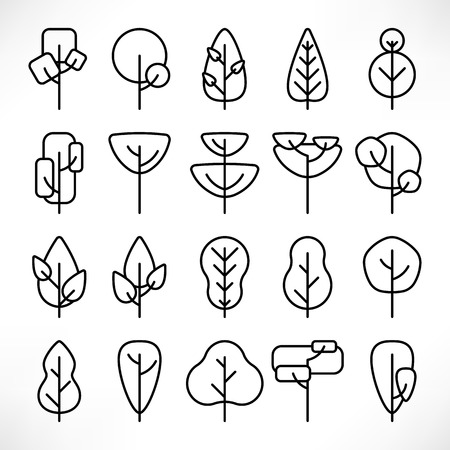 Simple line trees icons large set isolated on white background. Vector illustration. Use for logo, icons, nature designs, maps, landscapes, web, appsのイラスト素材