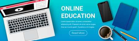 Top view of workplace for study and work. Online education banner. E-learning workspace vector illustration concept with laptop, notebook, phone, coffee, text, button read moreのイラスト素材