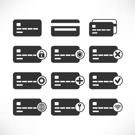 Set of credit card black icons isolated on white background. Shopping simple flat pictograms. For web site, design, mobile appsのイラスト素材