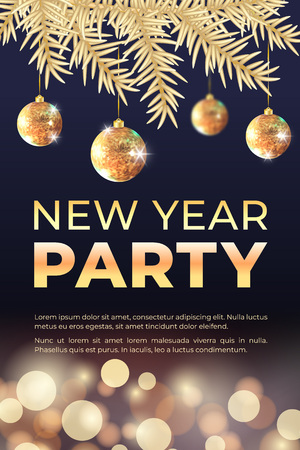 New year celebration party banner with golden Christmas tree, balls and bokeh lights. Vector illustration. Background for flyers, invitations, web or appsのイラスト素材