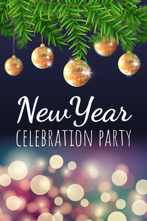 New year celebration party banner with Christmas tree, golden balls and bokeh lights. Vector illustration. Background for flyers, invitations, web or appsのイラスト素材