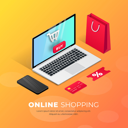Shopping Online on Website or Mobile Application. 3d vector isometric concept marketing illustration. Smartphone, shopping bag, credit card around laptop. For web banner,  infographics, presentationのイラスト素材