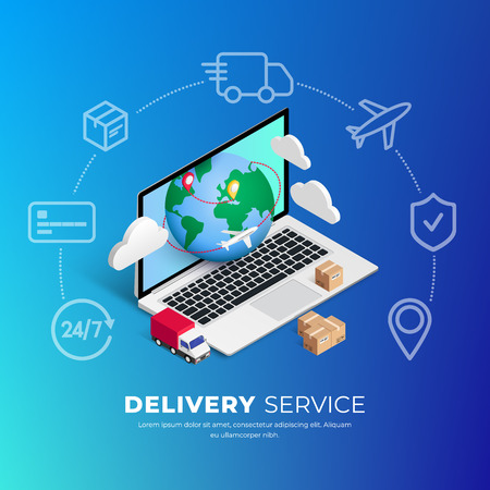 Shopping Online on Website or Mobile Application. 3d vector isometric digital concept marketing illustration with laptop, planet,  line icons around. Use for web banner, infographics, presentationのイラスト素材
