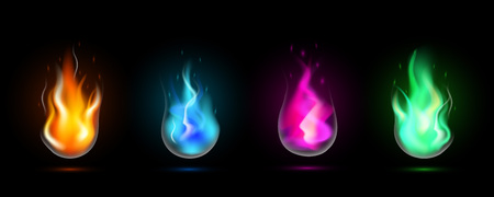 Magic fireballs flames set. Realistic orange, blue, pink, green fire isolated on black background. Special burning light effect with sparks collection for design and decoration. Vector Illustrationのイラスト素材