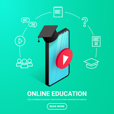 Online education design concept. Online learning, webinar, distance education, business training banner with text. Isometric smartphone with graduation cap, icons around on green gradient backgroundのイラスト素材