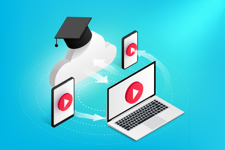Online education design concept. Isometric cloud with graduation cap communicates with laptop, smartphone, tablet. Flat style icon. E-learning vector illustrationのイラスト素材