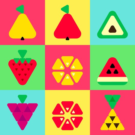 Triangle fruits icons set. Simple shapes apple, pineapple, avocado, watermelon, lemon, raspberry, strawberry, pear, grapefruit on color background. Fruits and berries flat vector illustrationのイラスト素材