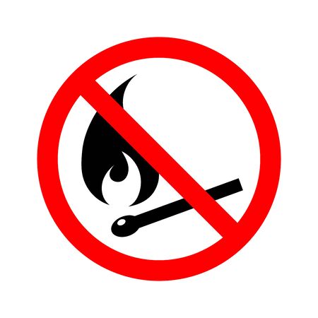 No open Fire Sign icon isolated on white background. Black flame and match in red crossed circle. Simple flame prohibition symbol in flat style. Vector illustrationのイラスト素材