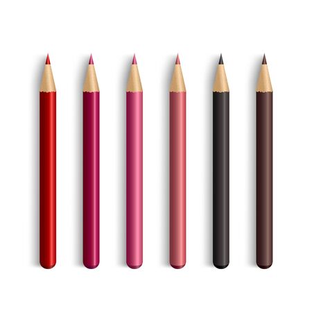 Different colors cosmetic pencil mockup set. Realistic 3D lip, eyes, brow pencils design template collection. Vector illustrationのイラスト素材