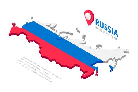 Isometric Russia map icon with text and pin isolated on white background. 3D concept silhouette in colors of russian flag white, blue,red. Vector illustrationのイラスト素材