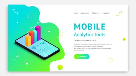 Mobile analytics tools isometric landing page concept. 3d graph data on smartphone screen on abstract fluid background. Vector illustration for app, website template, SEO, marketing infographicのイラスト素材