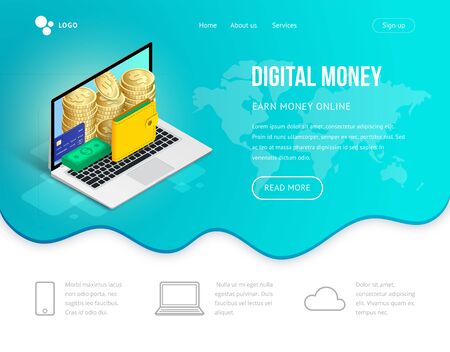 Digital money web site concept isometric. 3d coins stack, credit card, purse on laptop screen. Digital cash, internet banking, e-commerce, online casino symbol for web, apps. Vector illustrationのイラスト素材