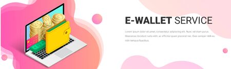 E-wallet service isometric banner template. Money online concept with 3d coin stack, credit card, purse in laptop on abstract fluid background. Digital cash vector illustration for web, mobile app, adのイラスト素材