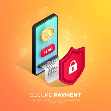 Secure payment protection isometric banner concept. Online safe mobile transfer 3d template with smartphone ATM, gold coin, shield. Internet banking sending money security vector illustrationのイラスト素材