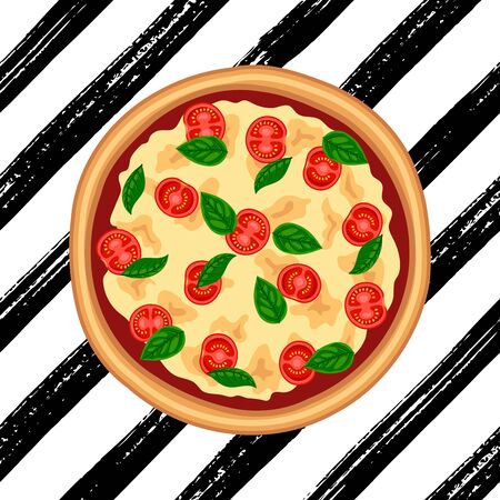 Hot pizza margherita with tomato, cheese, basil top view on striped brush stroke hand drawn grunge background. Flat traditional italian fast food Vector illustration for web, advert, menuのイラスト素材