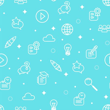 Online education seamless pattern. White school line icons on blue background. E-learning texture with study sign for print, paper, fabric, decor, wrap, wallpaper, social media. Vector illustrationのイラスト素材