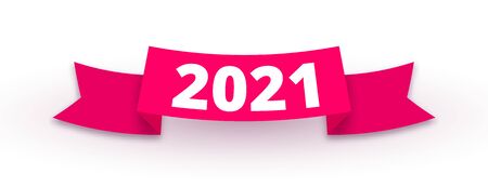 Red ribbon with realistic shadow and number 2021 isolated on white background. Happy New Year and Merry Christmas decorative design element. Vector illustration for web, design, advert, appのイラスト素材