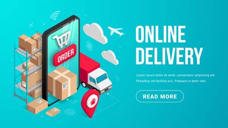 Delivery online isometric banner concept with smartphone, parcel box, truck, pin, storage shelves on blue background. Logistic order delivery service 3d vector illustration for web, mobile app, advertのイラスト素材