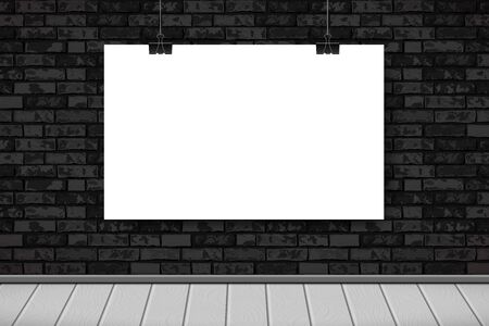 Flat Interior with empty white poster on black brick wall, wooden floor. Trendy loft room background, fashion gallery exhibition interior. Vector Illustration for web, poster mockup, expositionのイラスト素材