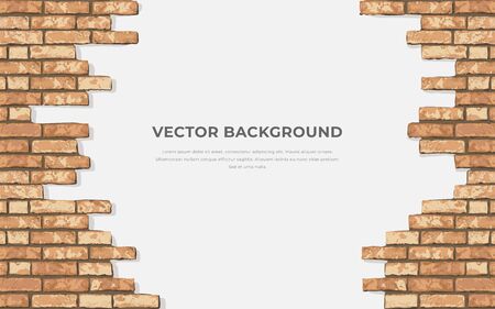 Realistic Vector broken brick wall horizontal background. Hole in flat wall texture. Yellow textured brickwork for print, design, decor, backgroundのイラスト素材