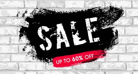 Sale banner design with black paint stain on white grunge brick wall background. Black Friday, sale graphic poster. Vector illustration design template for flyer, shopping, discount, webのイラスト素材