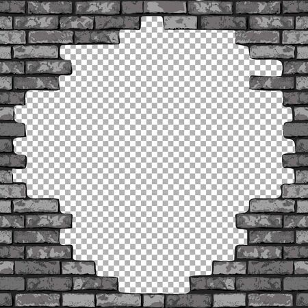 Vintage realistic broken brick wall transparent background. Black hole in flat wall texture. Gray textured brickwork for web, design, decor, background. Vector illustrationのイラスト素材