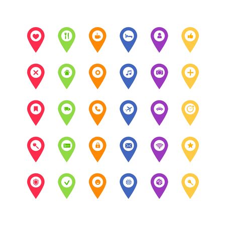 Map pointer flat pin vector icon set. Color geotag location point with home, bank, transport, social media symbols isolated on white background. Vector illustration for web, apps, infographicsのイラスト素材