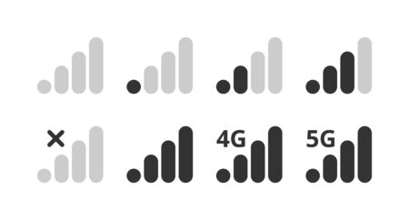 Signal strength indicator set, mobile phone bar status icon. No signal symbol, 4g and 5g network connection level sign. Vector illustration for web, app, design interface.のイラスト素材