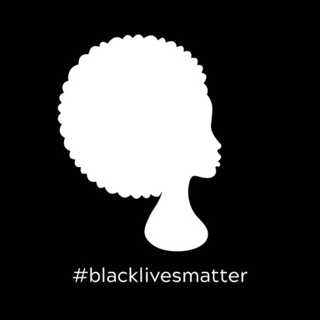Black Lives Matter. Vector Illustration with afroamerican woman silhouette and hashtag text on black background. Protest against racism and social inequality concept. For social media, web, banner.のイラスト素材