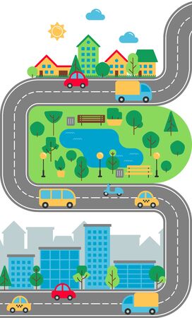 Flat City urban landscape. Cute town street with downtown business buildings, road, suburb, houses, park, transport. Cityscape vector illustration for web, brochure design, infographics, mobile app.のイラスト素材