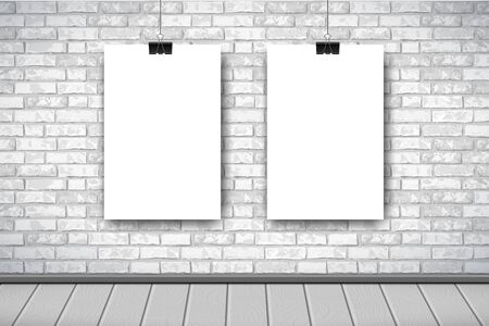 Flat Interior with two empty white posters on gray brick wall. Trendy loft room scenery background, fashion gallery exhibition interior. Vector Illustration for web, poster mockup, exposition.のイラスト素材