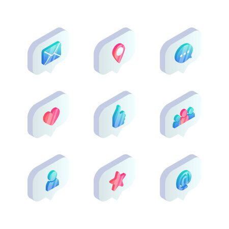 Isometric Social Media speech bubble icon. 3d notifications like counter, heart, hand, teamwork, user, mail, message, rating symbols. Vector illustration for web design, app, design, infographic, UI.のイラスト素材