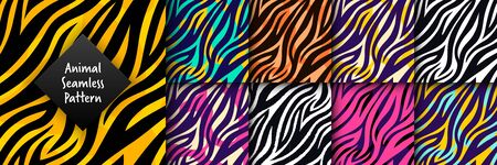 Trendy wild animal seamless pattern set. Hand drawn fashionable tiger, zebra striped skin abstract texture for fashion print design, fabric, textile, wrap, background, wallpaper. Vector illustration.のイラスト素材