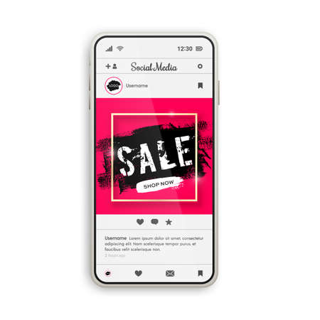 Social Media Mockup. Sale square banner design template on smartphone screen. Black Friday vector illustration for flyer, poster, mobile shopping, discount, web, social networks, advert.のイラスト素材