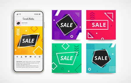 Sale abstract color banner background set on smartphone screen. Vector illustration design template for flyer, poster, shopping, Black Friday discount, web, social media post, ads.のイラスト素材