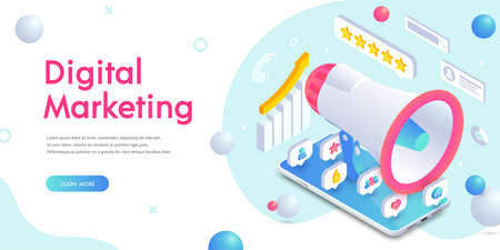 Social Media Mobile Digital marketing trendy isometric banner with 3d apps icons, loudspeaker on smartphone screen and text.のイラスト素材