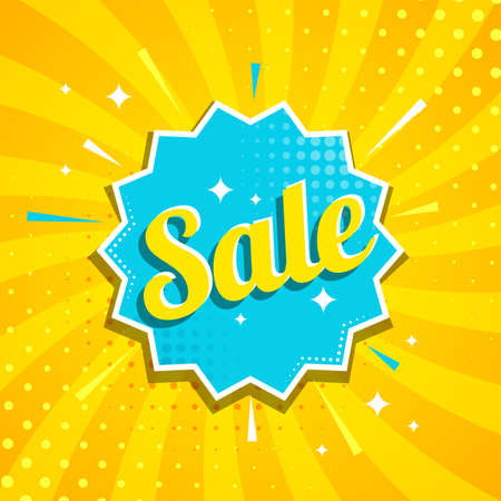 Sale banner. Abstract Exploding label, Cartoon Striped yellow background. Discount offer badge. Modern sunshine sunburst concept. Vector illustration for social media ad, poster, web, price tag.のイラスト素材