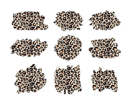 Hand drawn vector leopard pattern textured ink brush strokes, black paint spot set with leo texture. Animal paint smears artistic backgrounds. Stains shapes and silhouettes design element.のイラスト素材