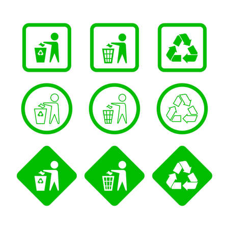 Recycling waste utilization sembol set. No littering sign in green circle, rhombus, square, isolated on white background. Vector illustrationのイラスト素材