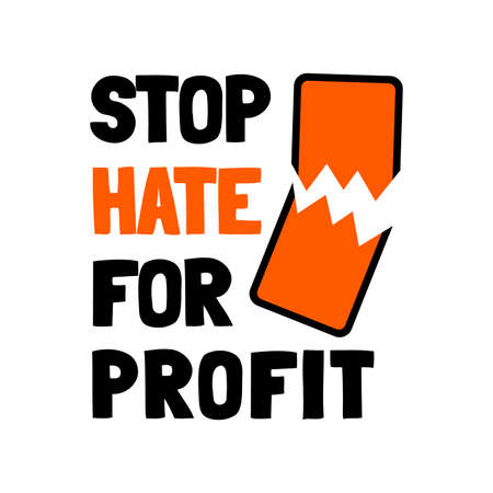Stop hate for profit concept with broken mobile phone and quote. Social media boycott campaign against hate, bigotry, racism, antisemitism. Vector illustration for poster, banner, sticker.のイラスト素材