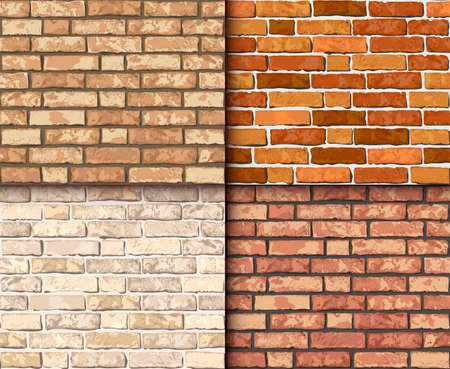 Vector realistic brick wall seamless pattern set. Flat wall repeat texture. Yellow, red, orange textured brick background for print, paper, design, decor, photo background.のイラスト素材